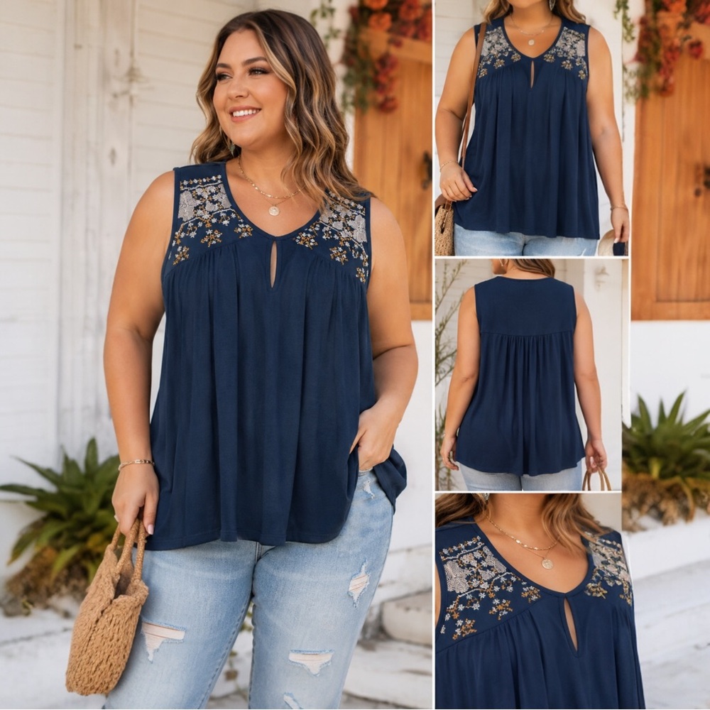 Fleur Bleue Womens 3X Boho Embroidered Sleeveless Tunic Top Navy Keyhole NWT